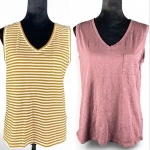 2 Garnet Hill Women's M Organic Cotton Sleeveless Patch Pocket V-neck Shirt